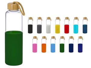 Promotional Natural Bamboo Glass Drink Bottles With Silicon Sleeve (550ml)
