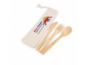 Bamboo Cutlery Sets In Calico Pouch